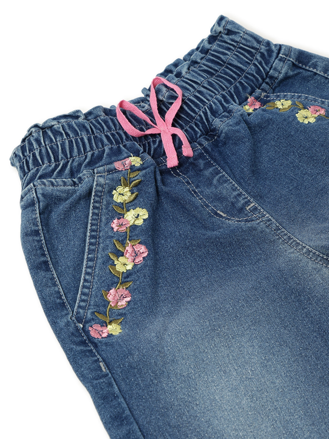 Girls Blue Lycra Embroidery Jogger