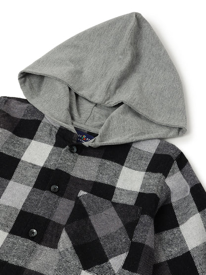 Boys Black Cotton Poly Checked Hooded Shirt