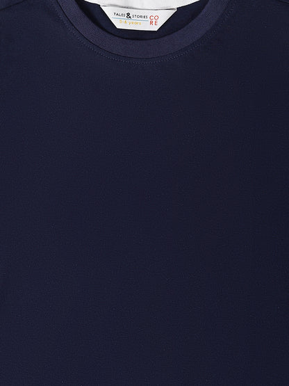 Boys Navy Blue Cotton Solid T-Shirt