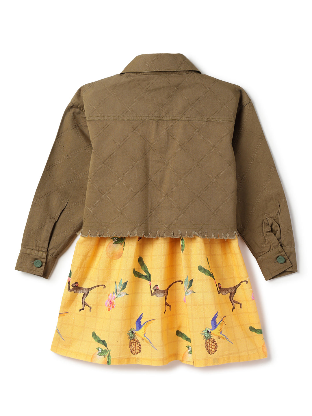 Girls Yellow Floral Printed Cotton Dress with Olive Denim Jacket