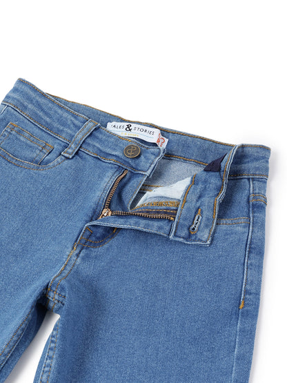 Boys Cotton Charcoal T-Shirt With Blue Denim Washed Straight Fit Jeans