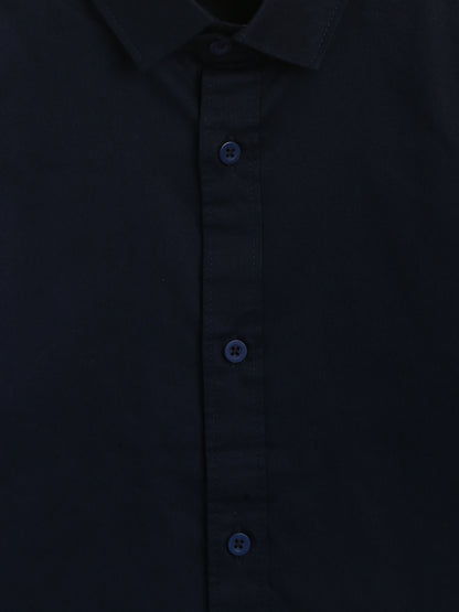 Boys Cotton Navy Blue Shirt With Beige Cotton Solid Relaxed Fit Trouser