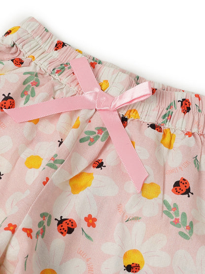 Girls Peach Cotton Printed Shorts