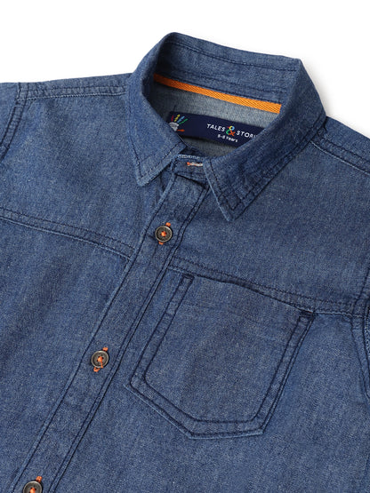 Boys Cotton Solid Blue Shirt With Black Denim Washed Barrel Fit Jeans