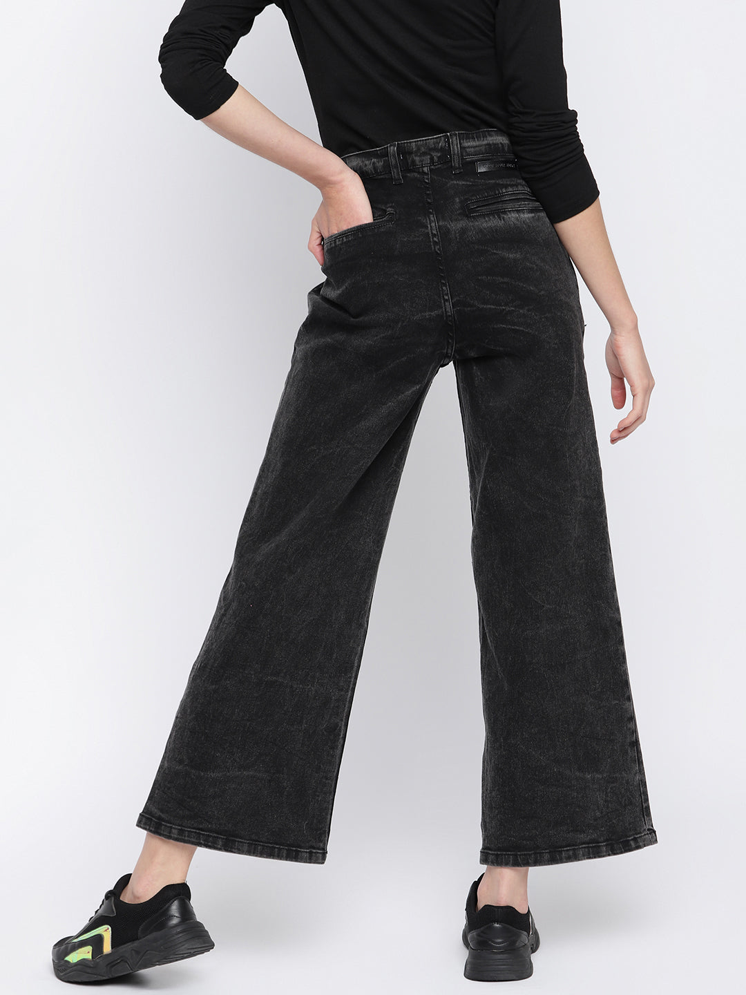 Womens Black Denim Wide Leg  Stretchable Jeans