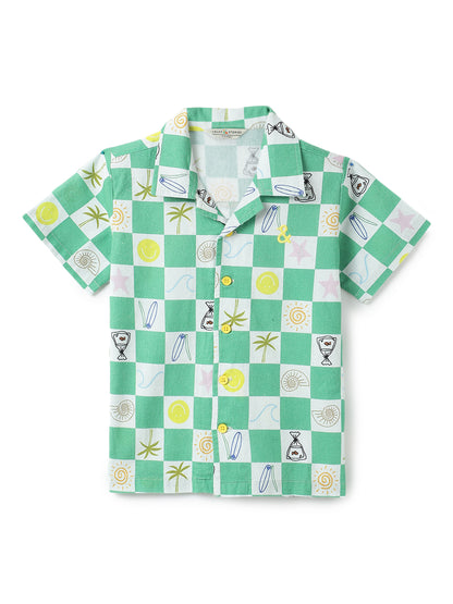 Boys Green Cotton Printed Co-ord Set