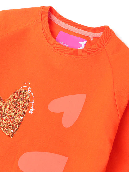 Girls Orange Cotton Printed Oversized Sweatshirt