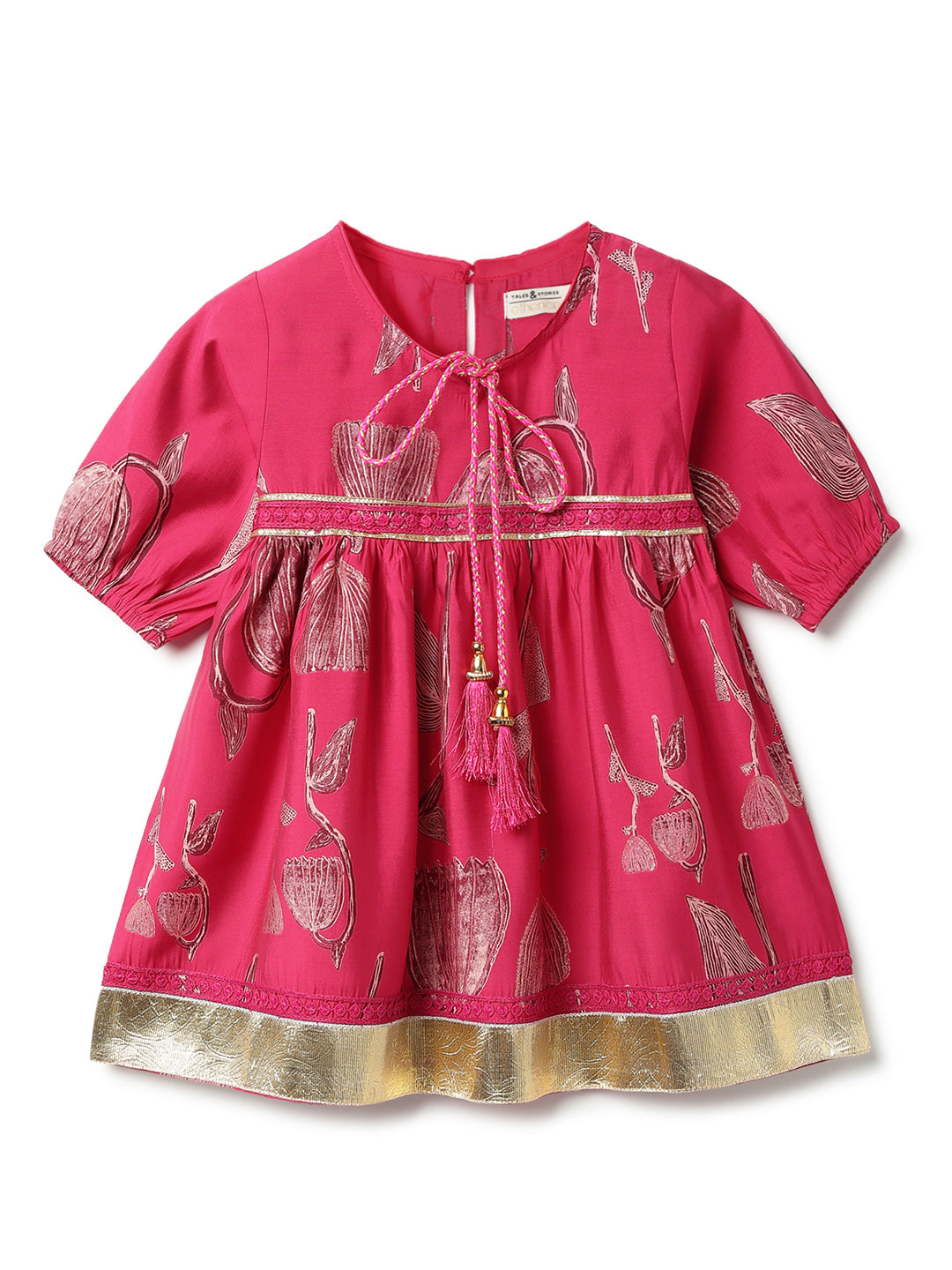 Girls Pink Printed Viscose Round Neck Kurta Set