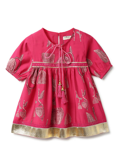 Girls Pink Printed Viscose Round Neck Kurta Set