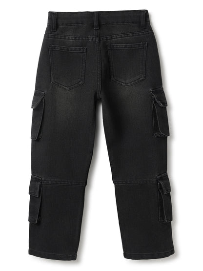 Boys Black Baggy Cargo Denim Jeans