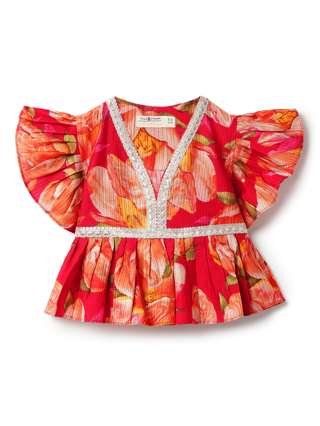 Girls Red Printed V-Neck Viscose Ethnic Kurta Set