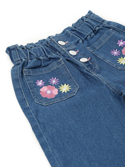 Girls Blue Lycra Embroidery Jogger