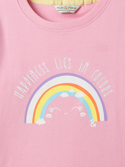 Girls Cotton Pink Printed T-Shirt