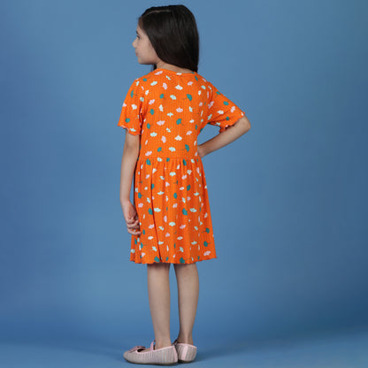 Girls Orange Floral A-Line Dress