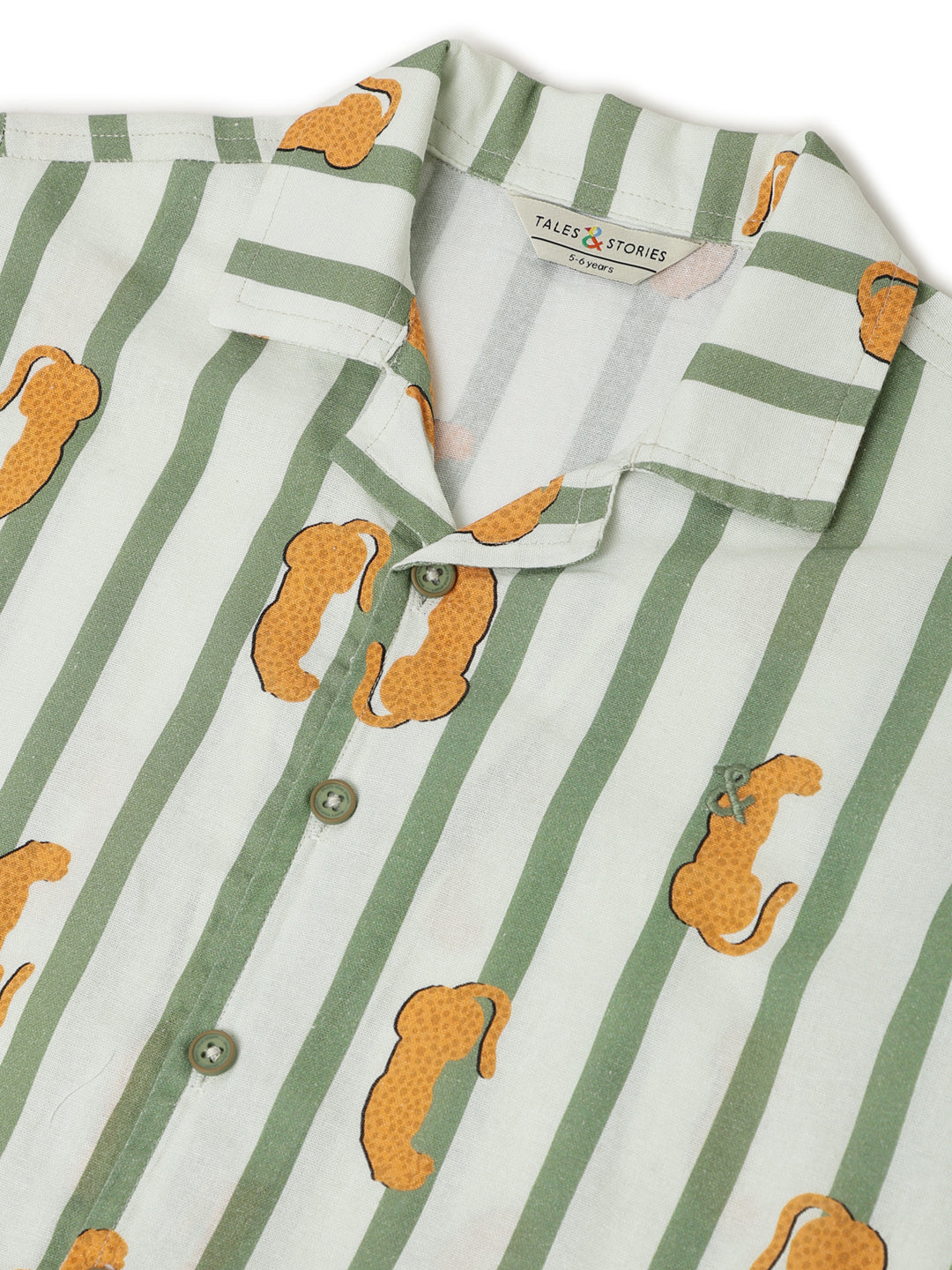 Boys Cotton Green Stripes Printed Shirt With Cream Trouser Clothing Set