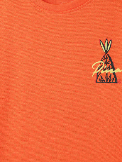 Boys Cotton Orange T-Shirt With Black Lycra Denim Solid Relaxed Fit Jeans