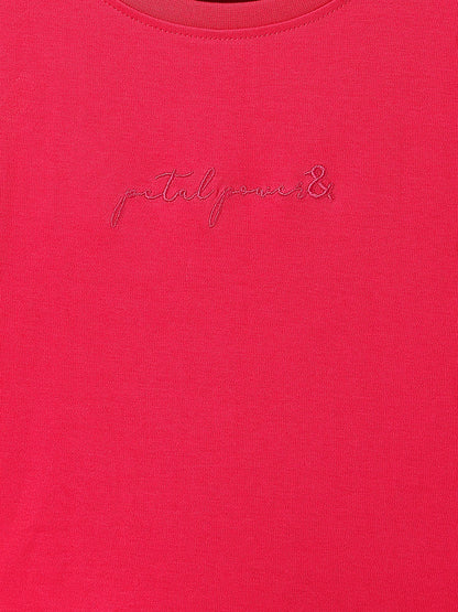 Girls Cotton Magenta Pink Embroidery T-Shirt