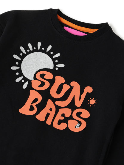 Girls Black Cotton Printed Oversized Sweatshirt