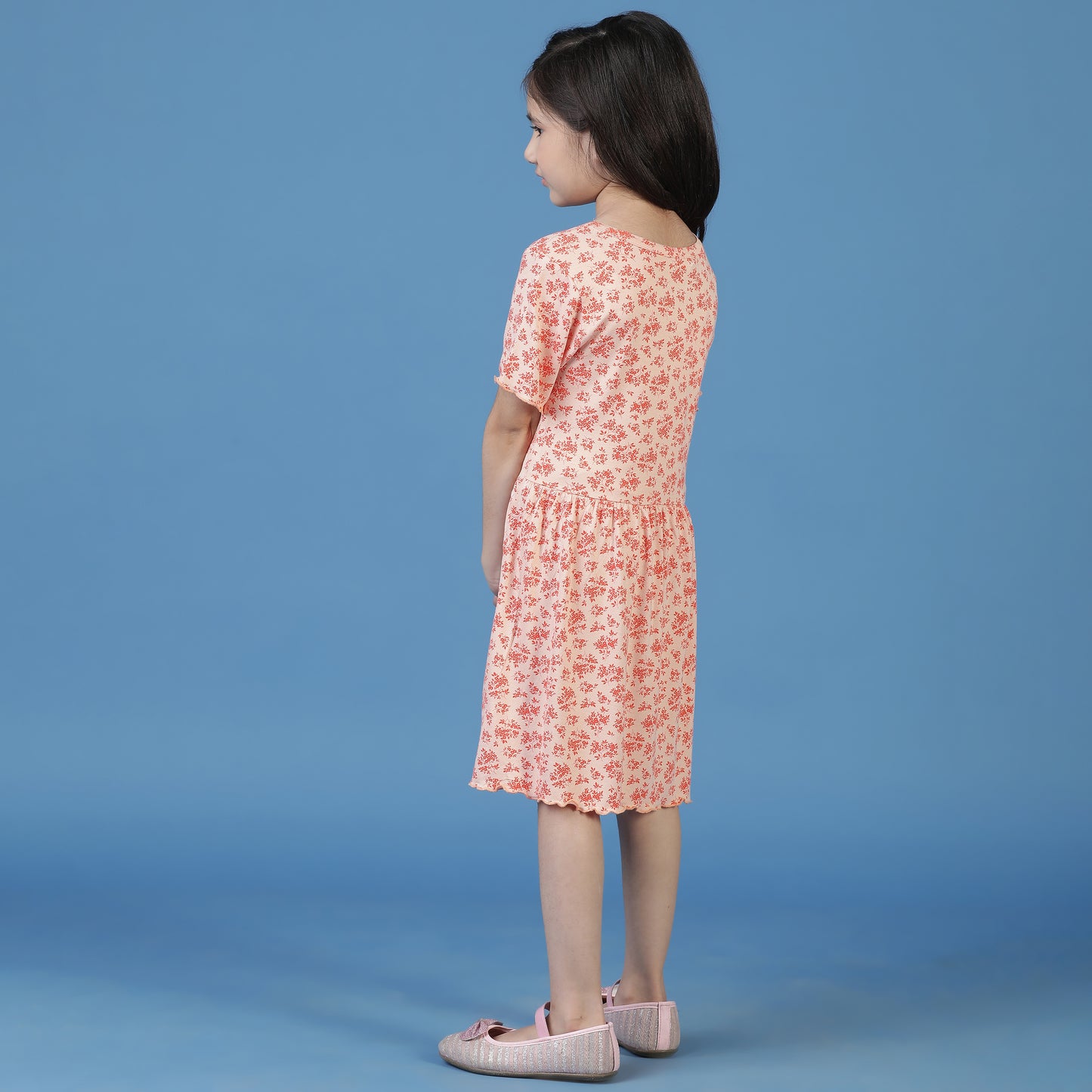 Girls Peach Floral A-Line Dress