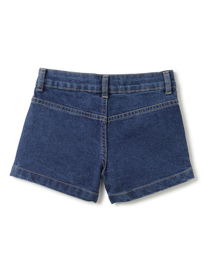 Girls Dark Blue Washed Lycra Regular Fit Above Knee Shorts