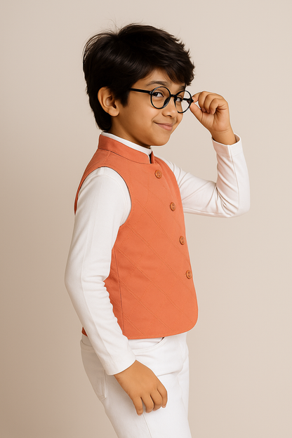 Boys Peach Cotton Solid Waist Coat