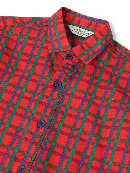 Boys Cotton Checks Red Shirt With White Lycra Denim Solid Barrel Fit Jeans