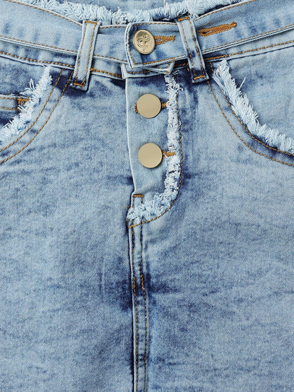 Girls Blue A-Line Lycra Denim Washed Casual Skort
