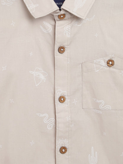 Boys Beige Printed Shirt