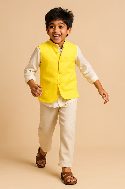 Boys Yellow Lycra Solid Waist Coat