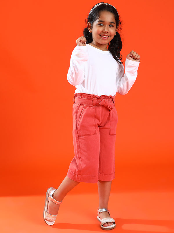 Girls Red Regular fit Cotton Solid Capri