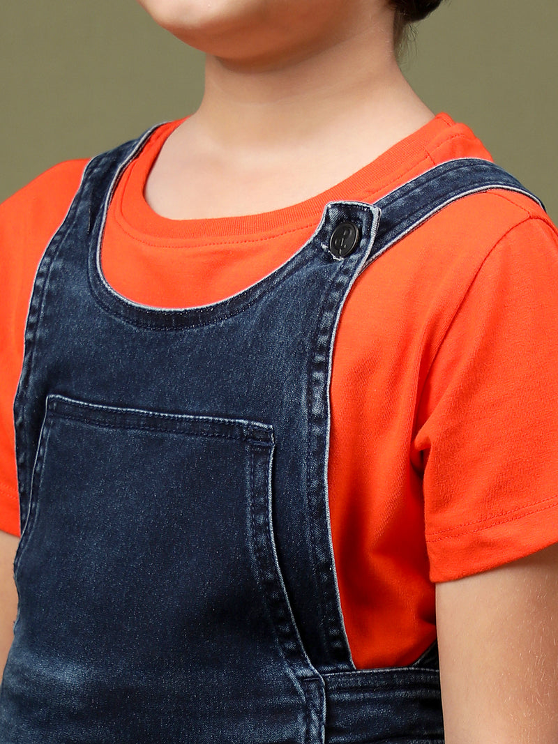 Boys Dark Blue Regular Fit Lycra Solid Dungaree