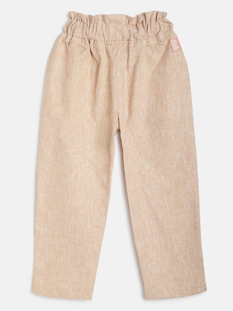 Girls Beige Cotton Blend Regular Fit Slub Texture Trouser