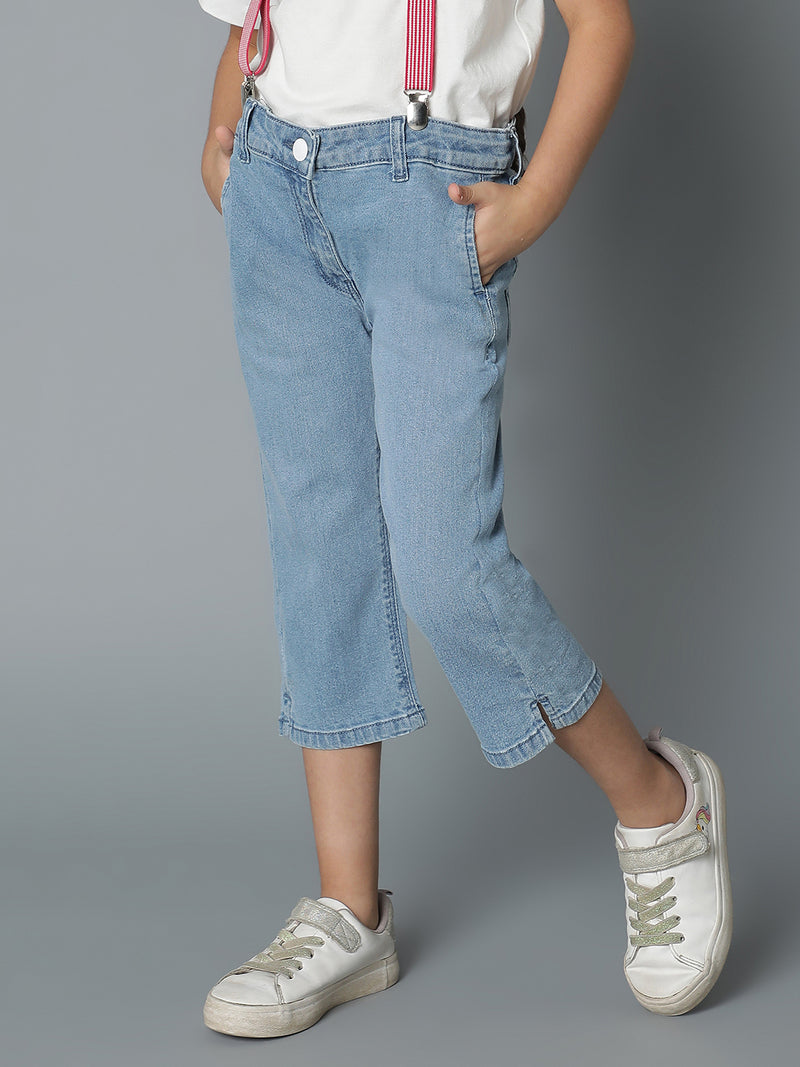 Girls Denim Light Blue Capri With Suspander