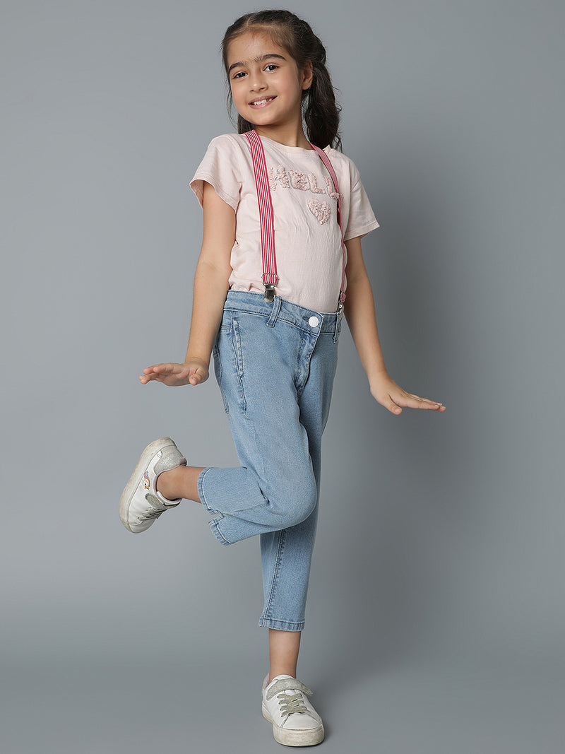 Girls Denim Light Blue Capri With Suspander