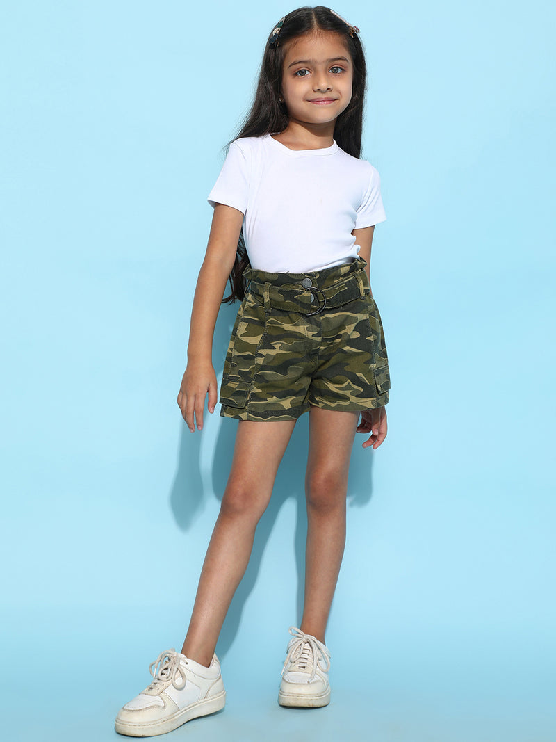 Girls Olive Cotton Regular Fit solid Shorts