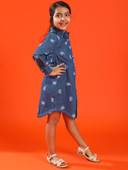 Girls Medium Blue 100% Cotton Regular Fit Embroidery Dress