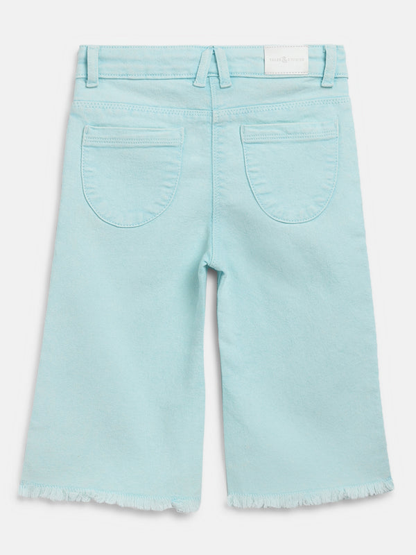 Girls Sky Blue Flare fit Lycra Washed Capri