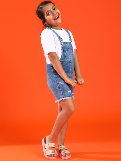 Girls Blue Lycra  Washed Half Dungaree