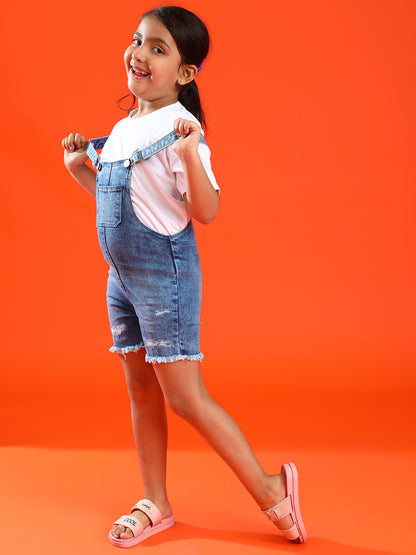 Girls Blue Lycra  Washed Half Dungaree