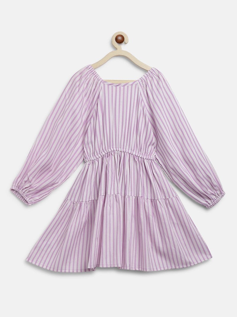 Girls Pink Rayon Regular Fit Full Sleeves Stripe Dress