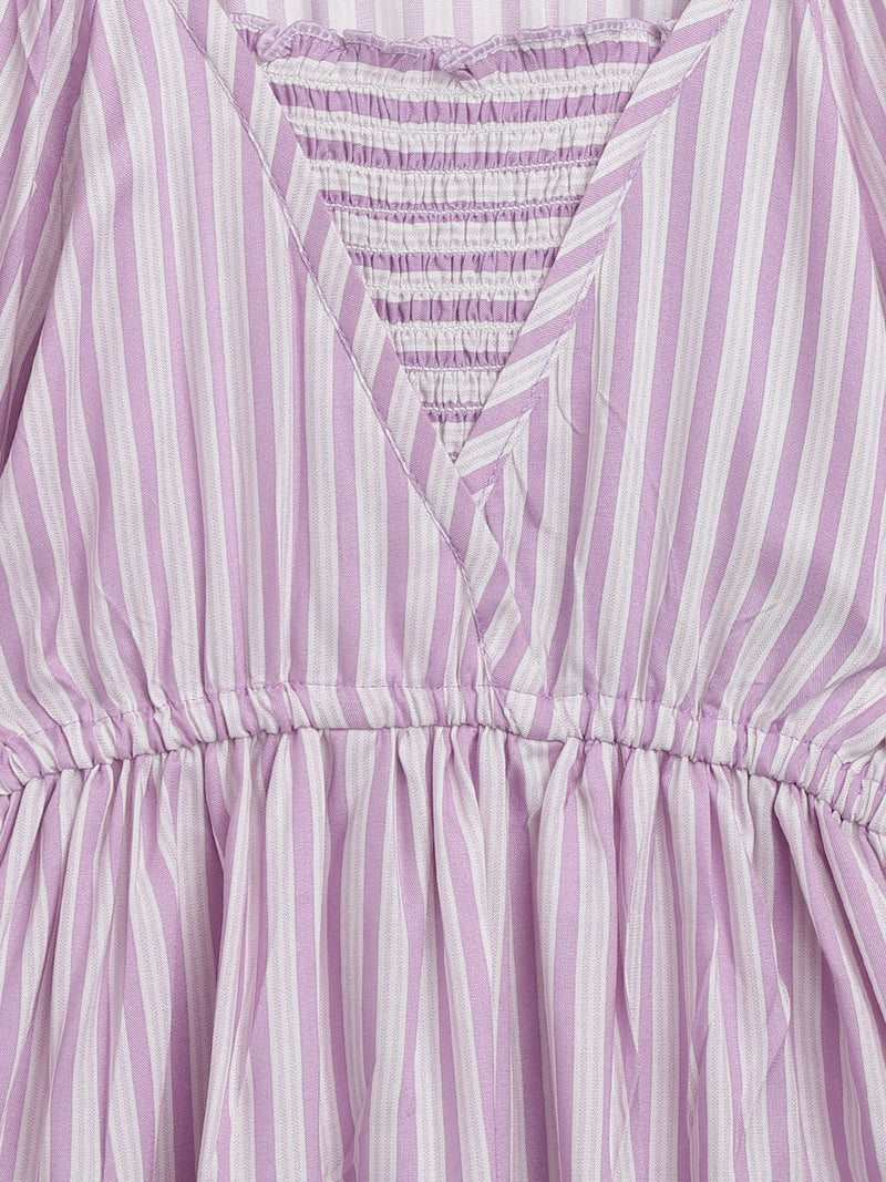 Girls Pink Rayon Regular Fit Full Sleeves Stripe Dress