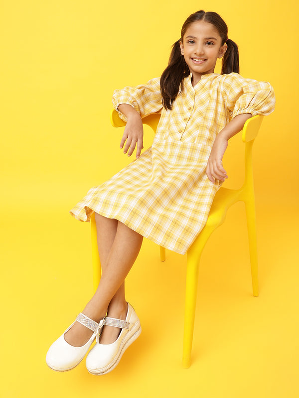 Girls Yellow Cotton Blend Regular Fit Checks Dress