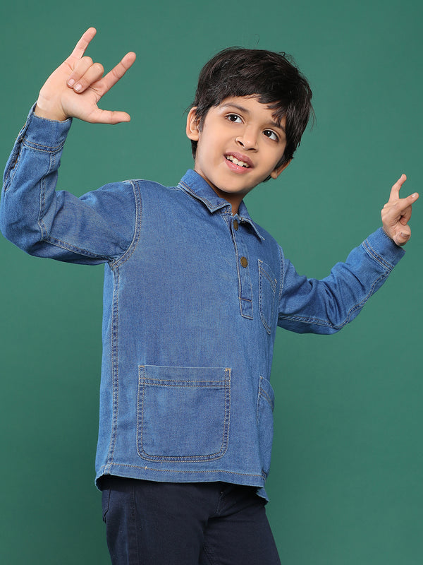 Boys Blue Solid Cotton Shirt