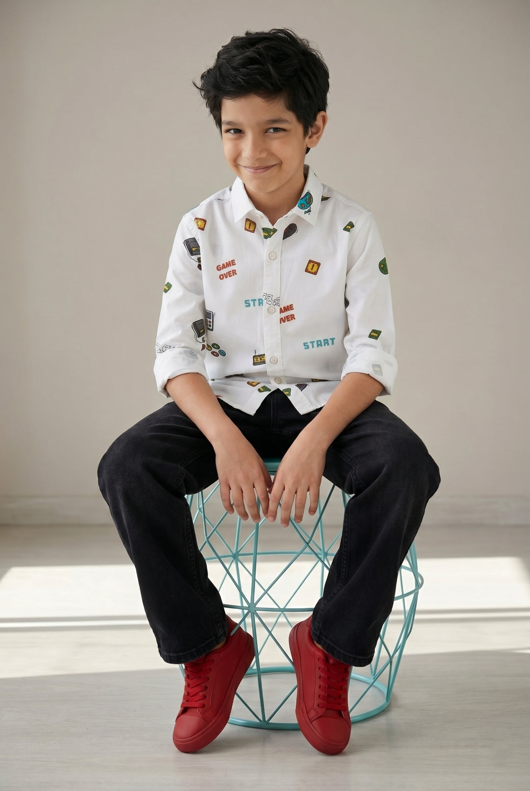 Boys White Printed Cotton Shirt