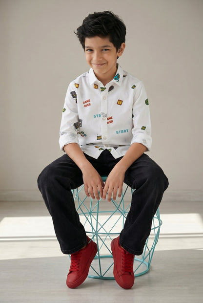 Boys White Printed Cotton Shirt