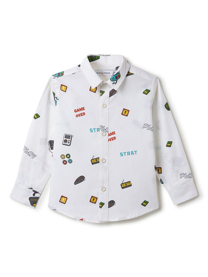 Boys White Printed Cotton Shirt
