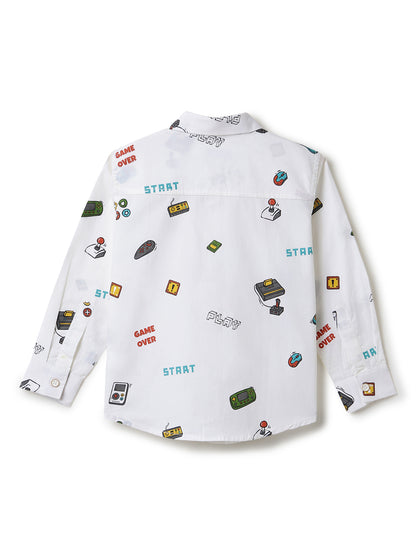 Boys White Printed Cotton Shirt