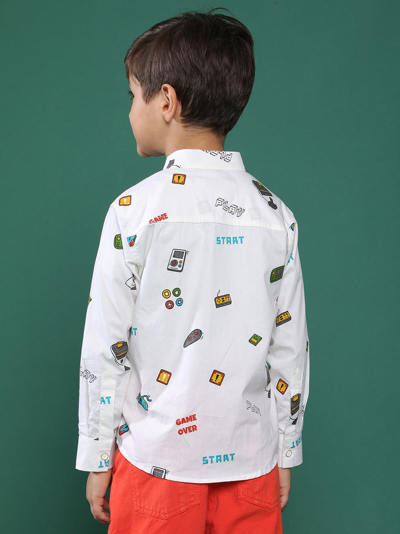 Boys White Printed Cotton Shirt