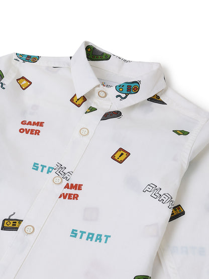 Boys White Printed Cotton Shirt
