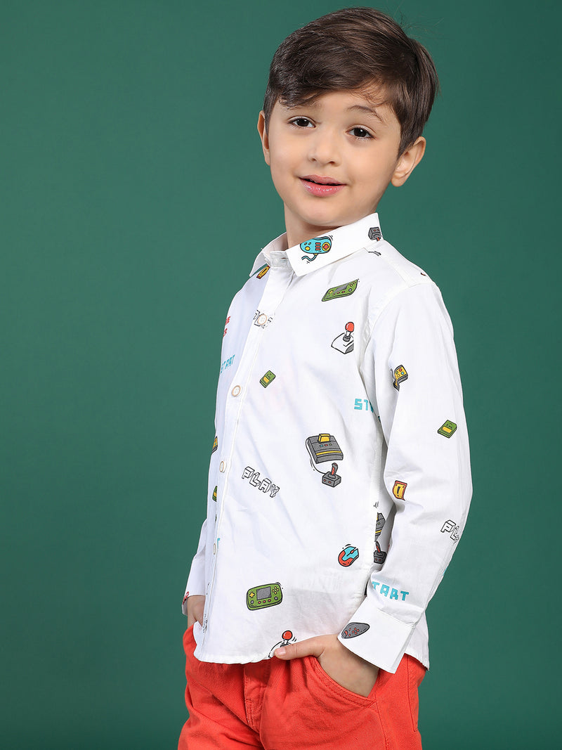 Boys White Printed Cotton Shirt